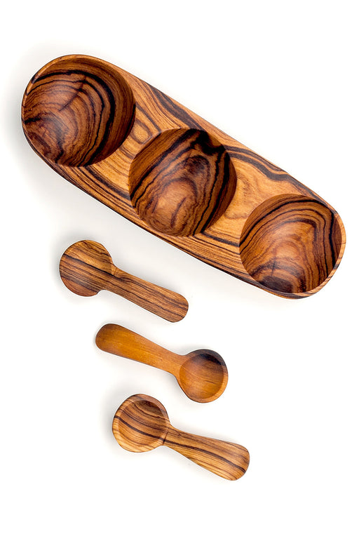 Triple Wild Olive Wood Spice Bowl with Spoons - Culture Kraze Marketplace.com
