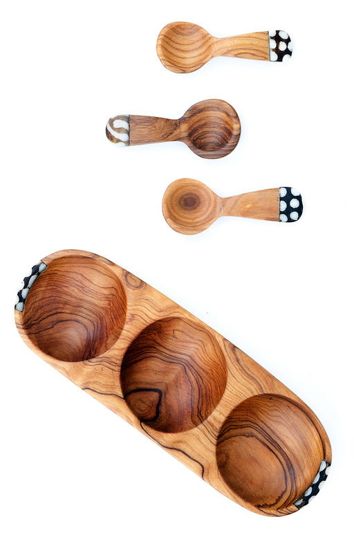 Triple Wild Olive Wood and Batik Bone Spice Bowl with Spoons - Culture Kraze Marketplace.com
