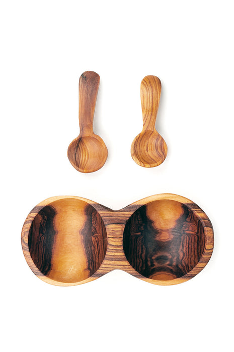 Double Wild Olive Wood Spice Bowl with Spoons - Culture Kraze Marketplace.com