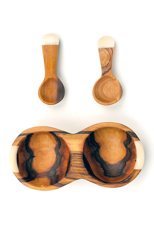 Double Wild Olive Wood and Bone Spice Bowl with Spoons - Culture Kraze Marketplace.com