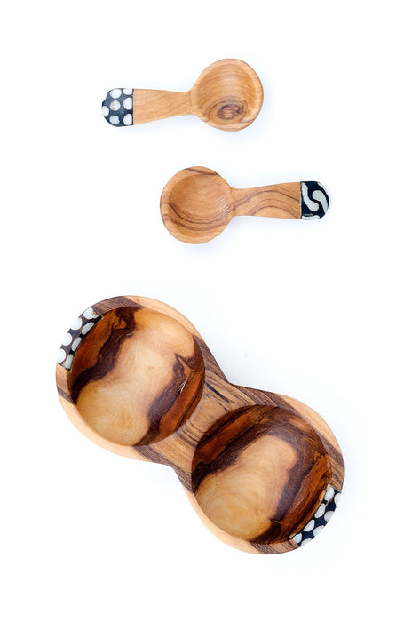 Double Wild Olive Wood & Bone Spice Bowl with Spoons - Culture Kraze Marketplace.com