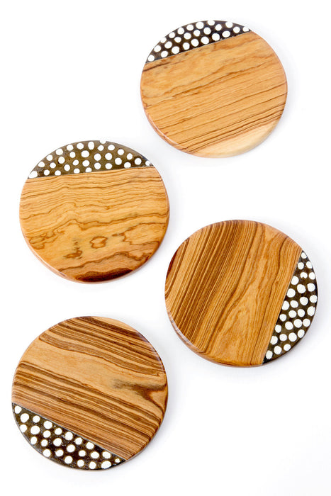 Set of Four Kenyan Wild Olive Wood Coasters with Dyed Bone Inlay - Culture Kraze Marketplace.com