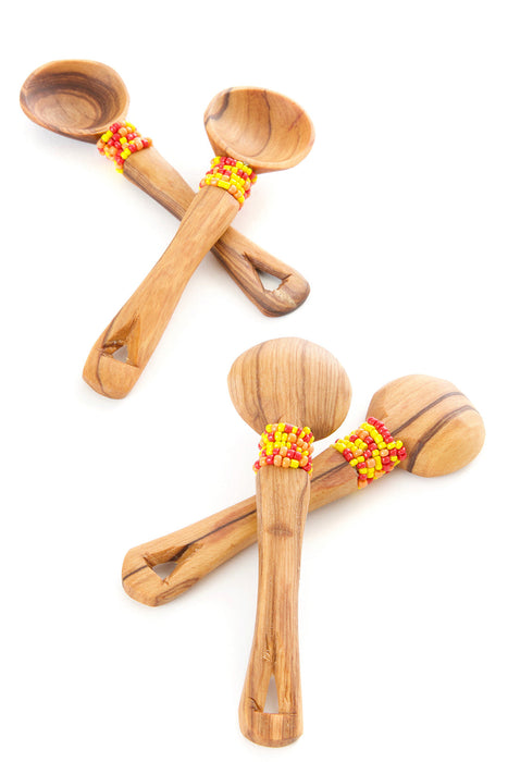 Set of Four Wild Olive Wood Spoons with Orange Beads - Culture Kraze Marketplace.com