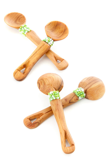Set of Four Wild Olive Wood Spoons with Green Beads - Culture Kraze Marketplace.com