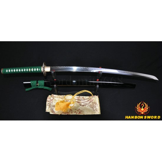 Green Tsuka-ito Japanese Samurai Sword KATANA Unokubi-Zukuri Full Tang Clay tempered Blade - Culture Kraze Marketplace.com