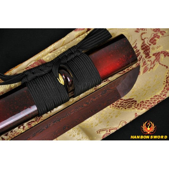 Hand Forged Black&Red Oil Quenched Damascus Oil Quenched Full Tang Blade Japanese Ninja Sword