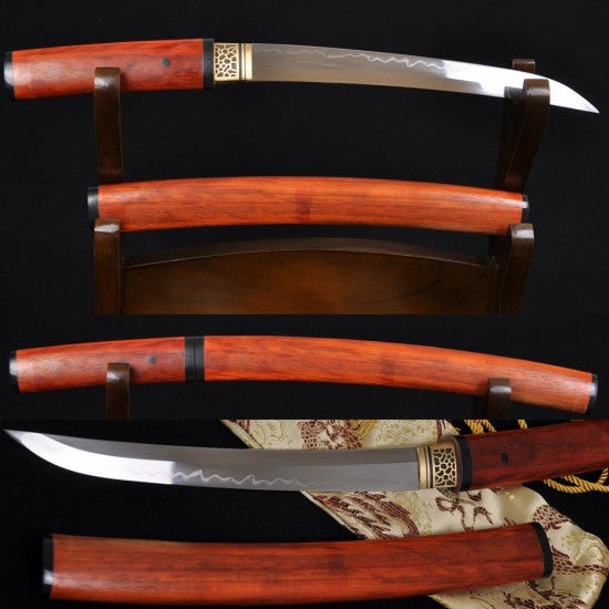 Hand Made Japanese Samurai Shirasaya Sword TANTO Clay Tempered Blade Red Wood SAYA&HANDLE - Culture Kraze Marketplace.com