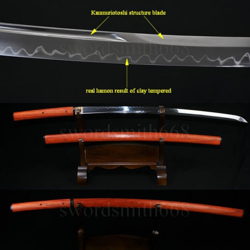 Traditional Hand Forged Japanese Shirasaya Sword KATANA T10 Steel Clay Tempered Full Tang Blade Red Wood SAYA&Handle - Culture Kraze Marketplace.com