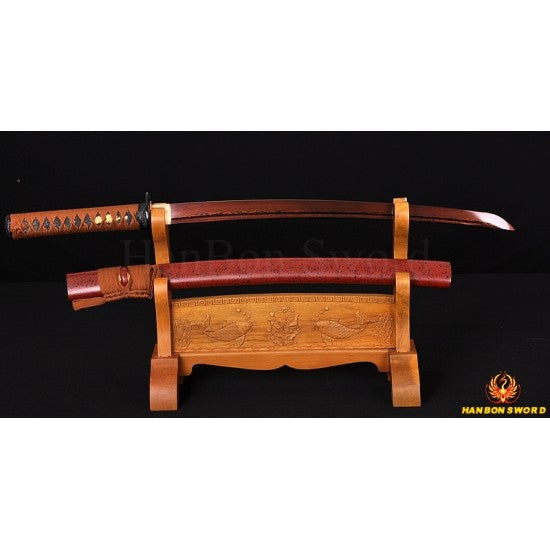 Hand Forged Black&Red Damascus Oil Quenched Full Tang Blade Iron Koshirae Japanese Wakizashi Sword