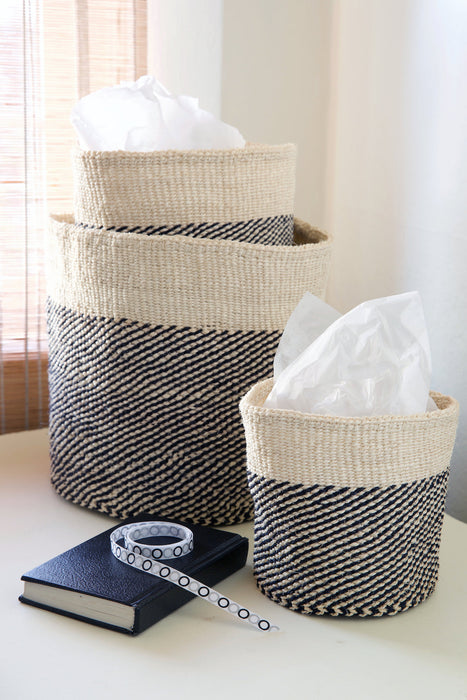 Set of Three Black and Cream Twill Sisal Nesting Baskets - Culture Kraze Marketplace.com