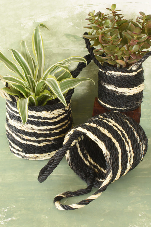 Set of Three Small Black & Natural Sisal Rope Escarpment Baskets - Culture Kraze Marketplace.com