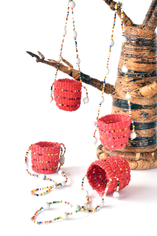 Set of Four Beaded Red Sisal Mini Basket Ornaments - Culture Kraze Marketplace.com