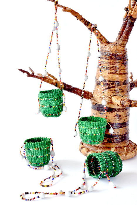 Set of Four Beaded Green Sisal Mini Basket Ornaments - Culture Kraze Marketplace.com