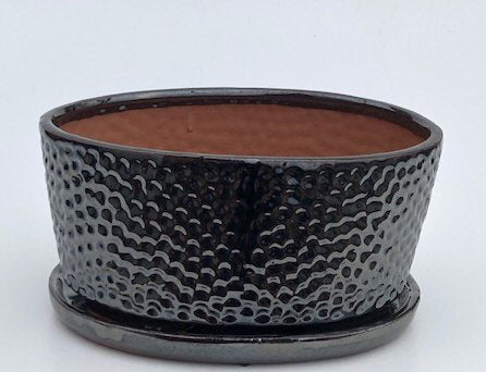 Crackle Black Ceramic Bonsai Pot - Oval With Humidity / Drip Tray 10.5" x 8.25" x 4.75" - Culture Kraze Marketplace.com