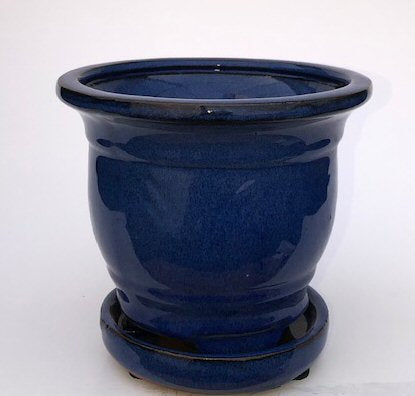 Blue Ceramic Bonsai Pot - Round Attached Humidity/Drip tray 5.75" x 5.75" x 5.0" - Culture Kraze Marketplace.com