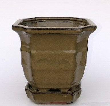 Olive Green Ceramic Bonsai Pot - Square  With Attached Humidity / Drip Tray 5.5" x 5.5" x 5.5" - Culture Kraze Marketplace.com
