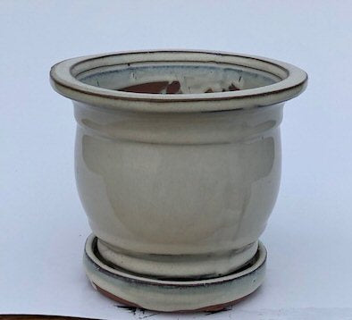 Beige Ceramic Bonsai Pot - Round With Attached Humidity Drip Tray 5.75" x 5.75" x 5.5" - Culture Kraze Marketplace.com