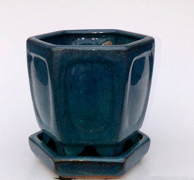 Blue / Green Ceramic Bonsai Pot - Hexagon With Attached Humidity Drip Tray 5.5" x 5.5" x 5.5" - Culture Kraze Marketplace.com