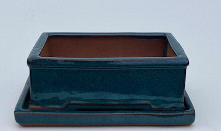 Blue / Green Ceramic Bonsai Pot - Rectangle With Humidity Drip Tray 8.5" x 7" x 3" - Culture Kraze Marketplace.com