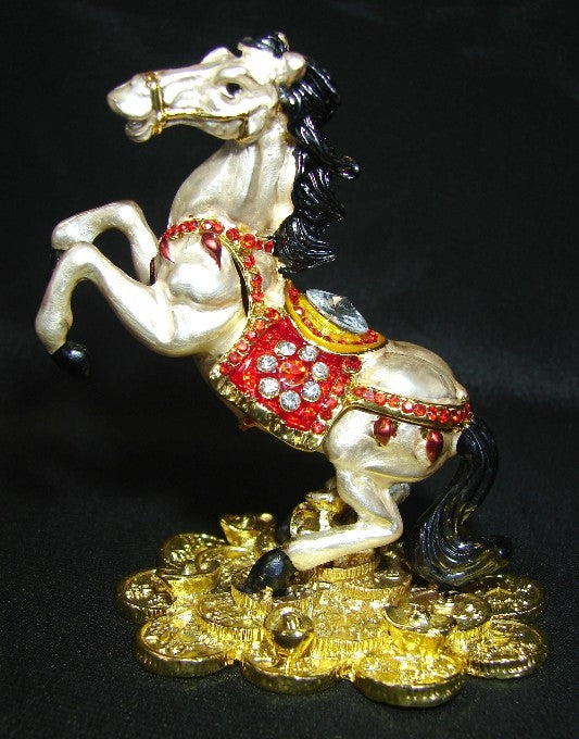 Metal White Horse Stepping on Bed of Coins - Culture Kraze Marketplace.com