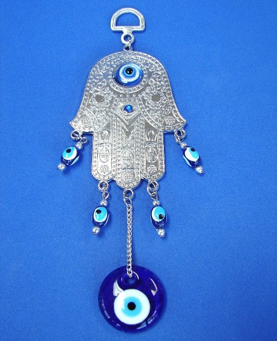 Silver Hamsa with Blue Evil Eyes - Culture Kraze Marketplace.com