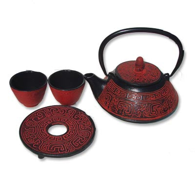 Large Burgundy Red Cast Iron Tea Set - Culture Kraze Marketplace.com