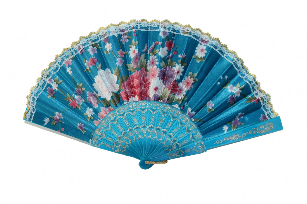 Silk Hand Fan with Golden Lace and Color Slab-blue - Culture Kraze Marketplace.com