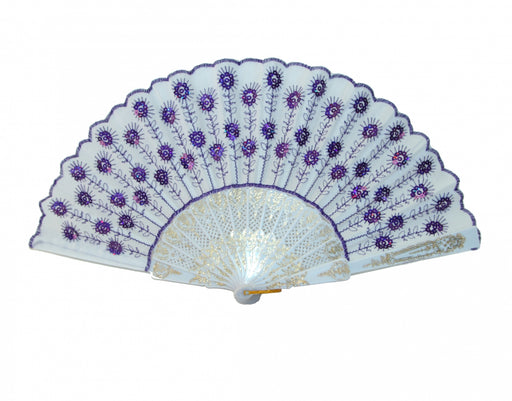 Peacock Pattern Sequin Fabric Hand Fan with White Background-purple - Culture Kraze Marketplace.com
