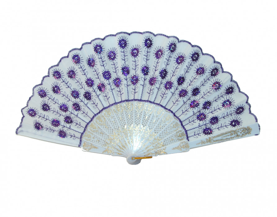 Peacock Pattern Sequin Fabric Hand Fan with White Background-purple - Culture Kraze Marketplace.com