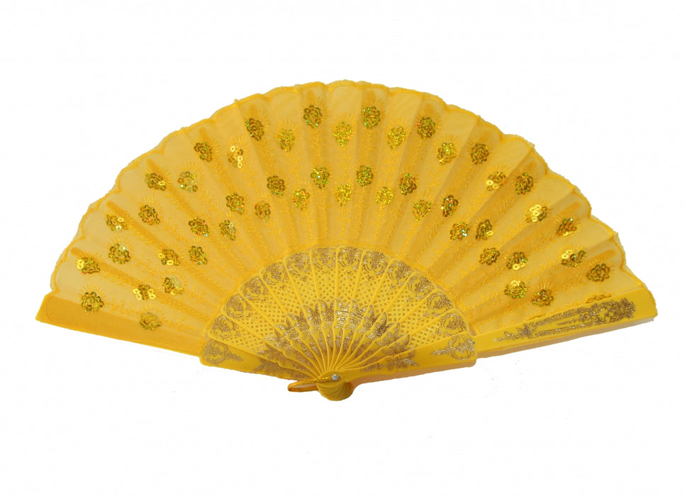 Colorful Peacock Pattern Sequin Fabric Hand Fan-yellow - Culture Kraze Marketplace.com