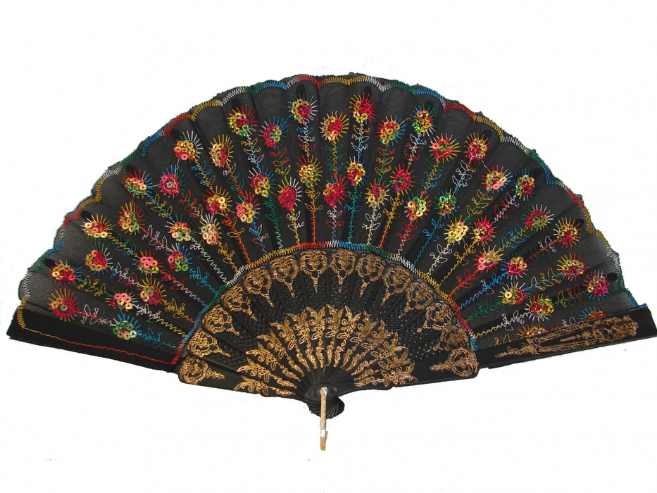 Black Slab Fabric Hand Fan with Peacock Pattern Sequin Style - Culture Kraze Marketplace.com