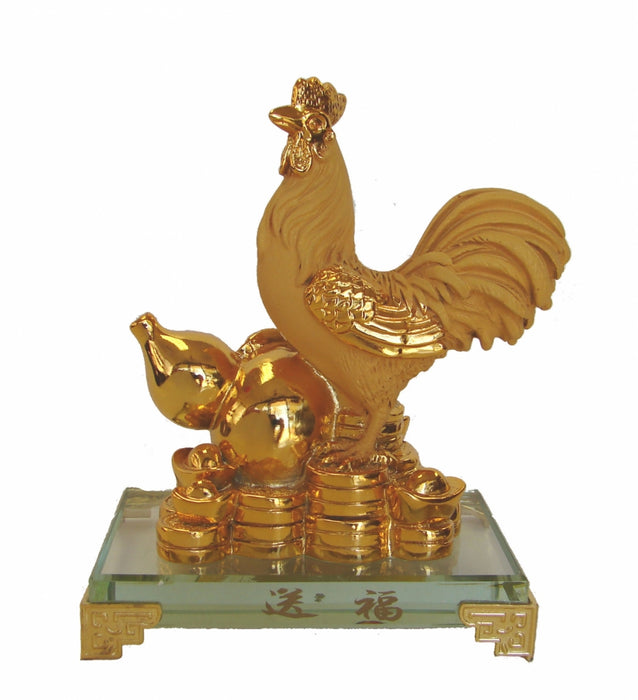 Rubber Finished Golden Rooster Statue with Wu Lou and Coins - Culture Kraze Marketplace.com