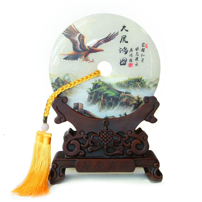 Genuine Jade Display Plate with Peng Bird Picture and Stand - Culture Kraze Marketplace.com