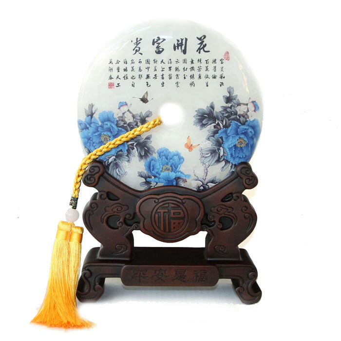 Genuine Jade Display Plate with Peony Flower Picture and Stand - Culture Kraze Marketplace.com