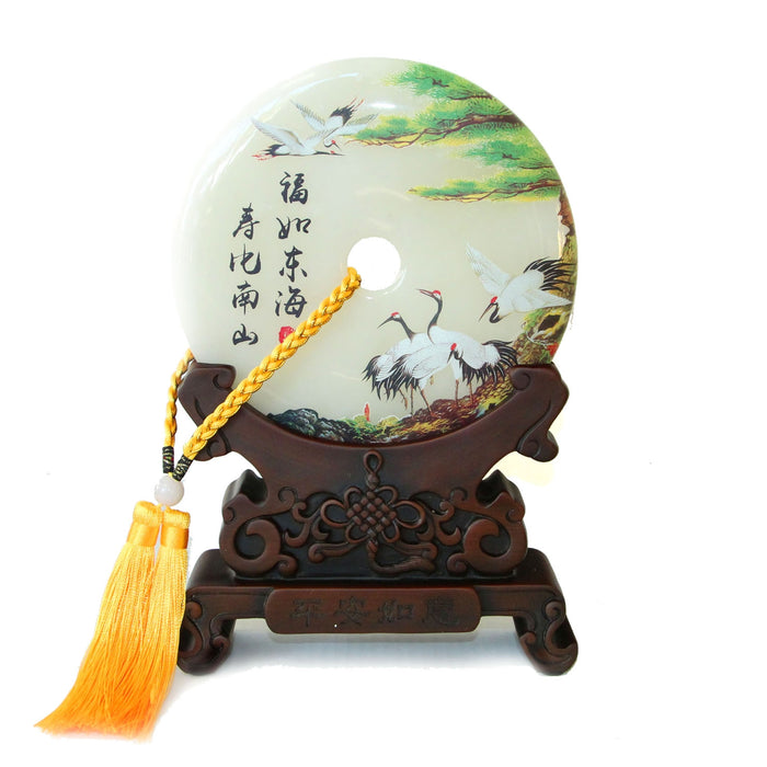 Genuine Jade Display Plate with Crane Picture and Stand - Culture Kraze Marketplace.com