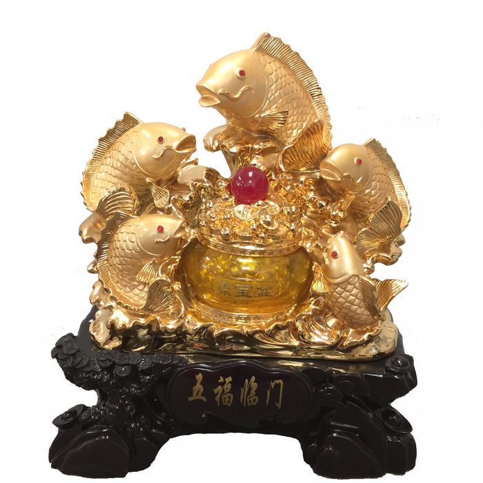 5 Golden Fishes with Money Pot Statue - Culture Kraze Marketplace.com