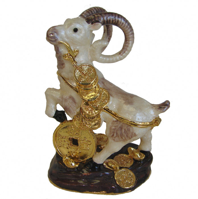 Bejeweled Cloisonne White Sheep Wealth Sculpture Stepping on Chinese Coin - Culture Kraze Marketplace.com
