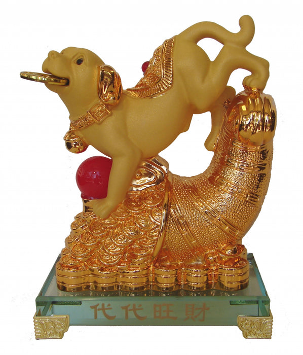 Golden Dog Statue Stepping on Money Bag - Culture Kraze Marketplace.com