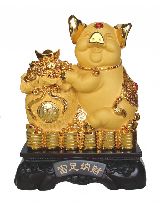 15 Inch Big Golden Pig Statue w/ Money Bag - Culture Kraze Marketplace.com