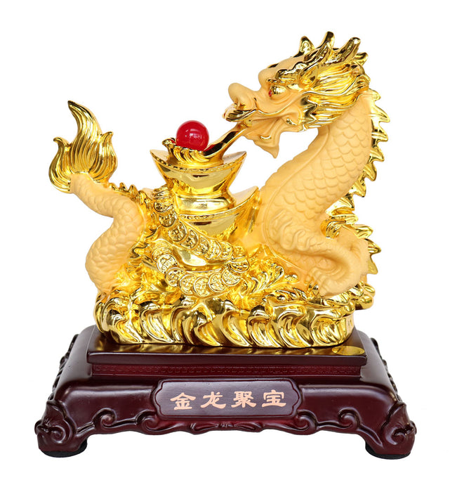 Golden Chinese Dragon Statue With Coins and Big Ingots - Culture Kraze Marketplace.com