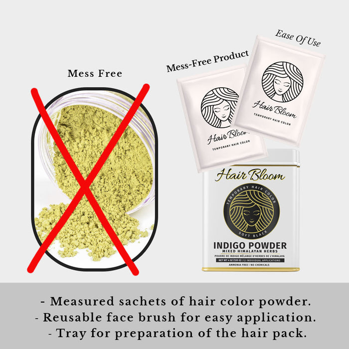 Hair Bloom Natural Jet Black Hair Color- Indigo Powder w/ Mixed Himalayan Herbs Hair Color Powder- 12 individual sachets (10 gm each)- Reusable Brush & Tray Included-3