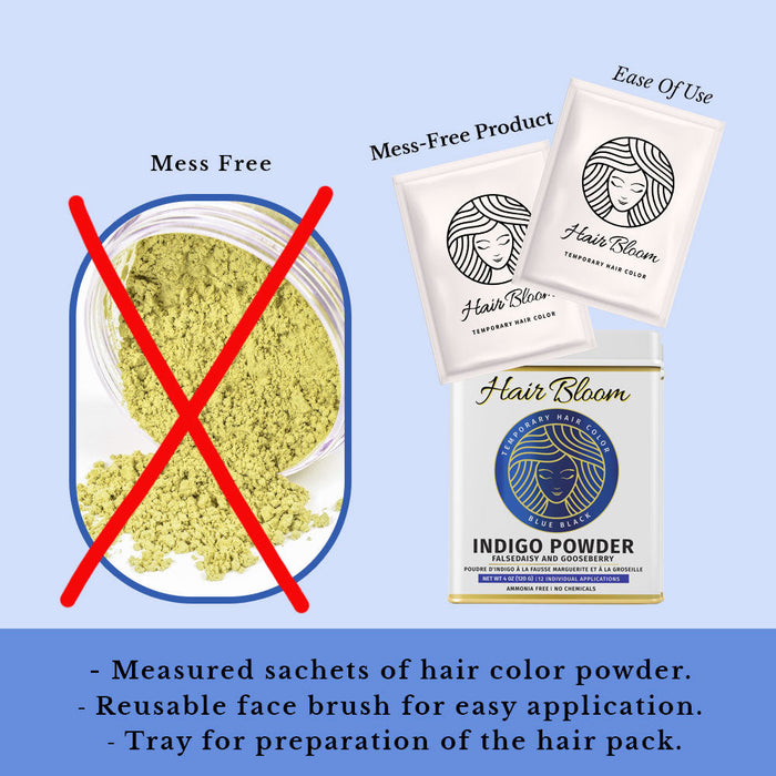 Hair Bloom Natural Blue Black Hair Color- Herbal Indigo w/ False Daisy & Gooseberry Hair Color Powder- 12 individual sachets (10 gm each)- Reusable Brush & Tray Included-3