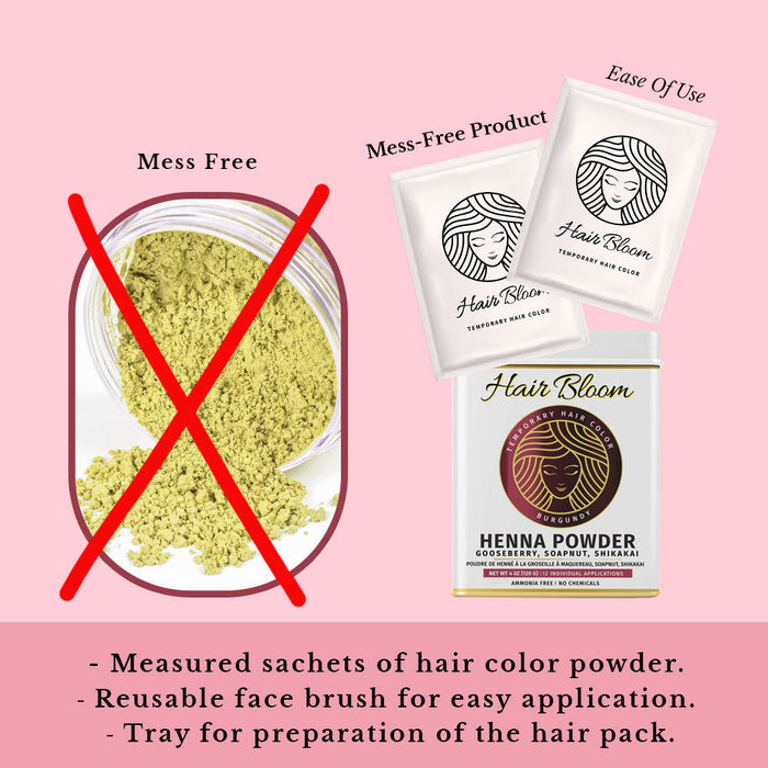 Hair Bloom Natural Burgundy Hair Color- Herbal Henna Burgundy Hair Color Powder- 12 individual sachets (10 gm each)- Reusable Brush & Tray Included-3