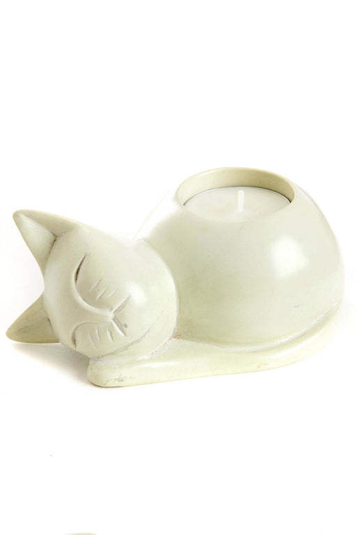 Natural Soapstone Cozy Cat Tea Light Candle Holder - Culture Kraze Marketplace.com