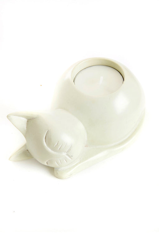 Natural Soapstone Cozy Cat Tea Light Candle Holder - Culture Kraze Marketplace.com