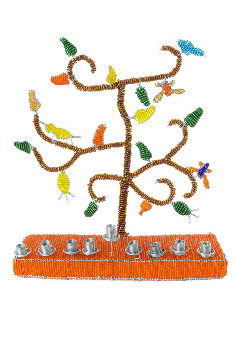 African Tree of Life Beaded Hanukkah Menorah with Orange Base - Culture Kraze Marketplace.com