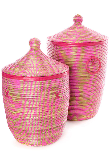 Pink Hamper Baskets with Leather Trim - Culture Kraze Marketplace.com