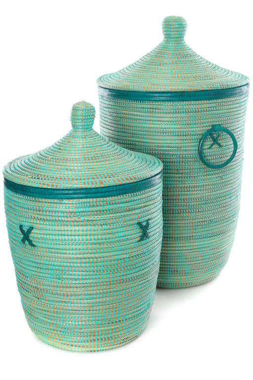 Aqua Blue Hamper Baskets with Leather Trim - Culture Kraze Marketplace.com