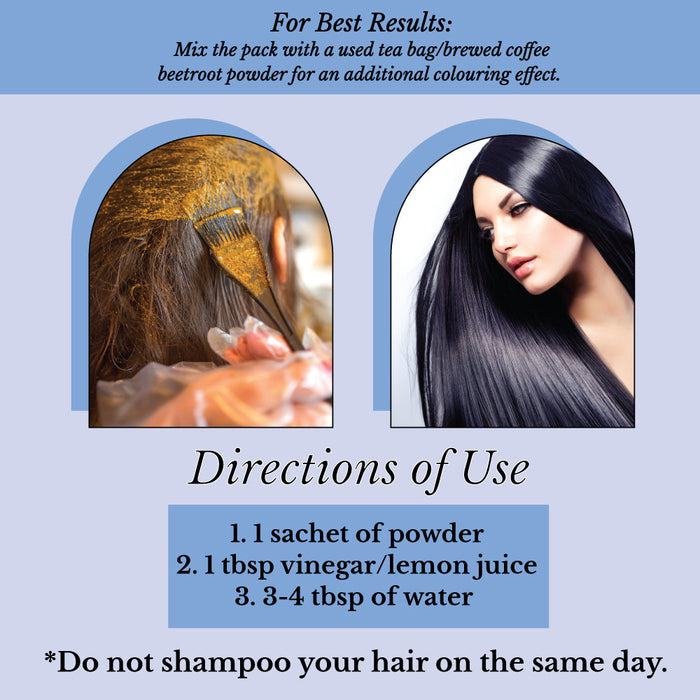 Hair Bloom Natural Blue Black Hair Color- Herbal Indigo w/ False Daisy & Gooseberry Hair Color Powder- 12 individual sachets (10 gm each)- Reusable Brush & Tray Included-4