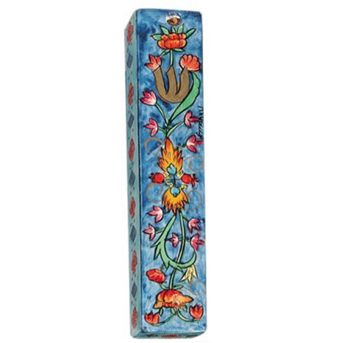 Yair Emanuel Large Hand Painted Wood Mezuzah Case - Flower Design on Blue - Culture Kraze Marketplace.com